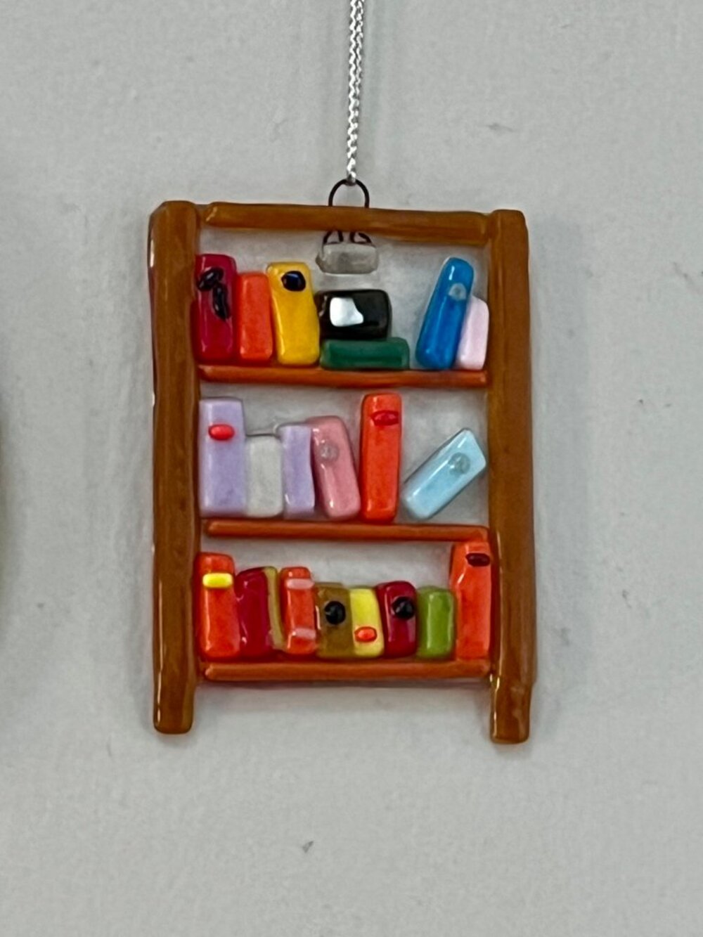 Miniature Handmade Colorful Fused Glass Bookshelf Wall Hanging Suncatcher 2x2.5"